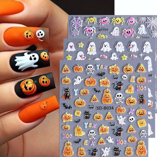 3 Sheets Halloween Nail Art Stickers 5D Embossed Nails Sticker Star Pumpkin Bat Spider Design Cute Ghost Nail Stickers for Women Girls Nail Decoration