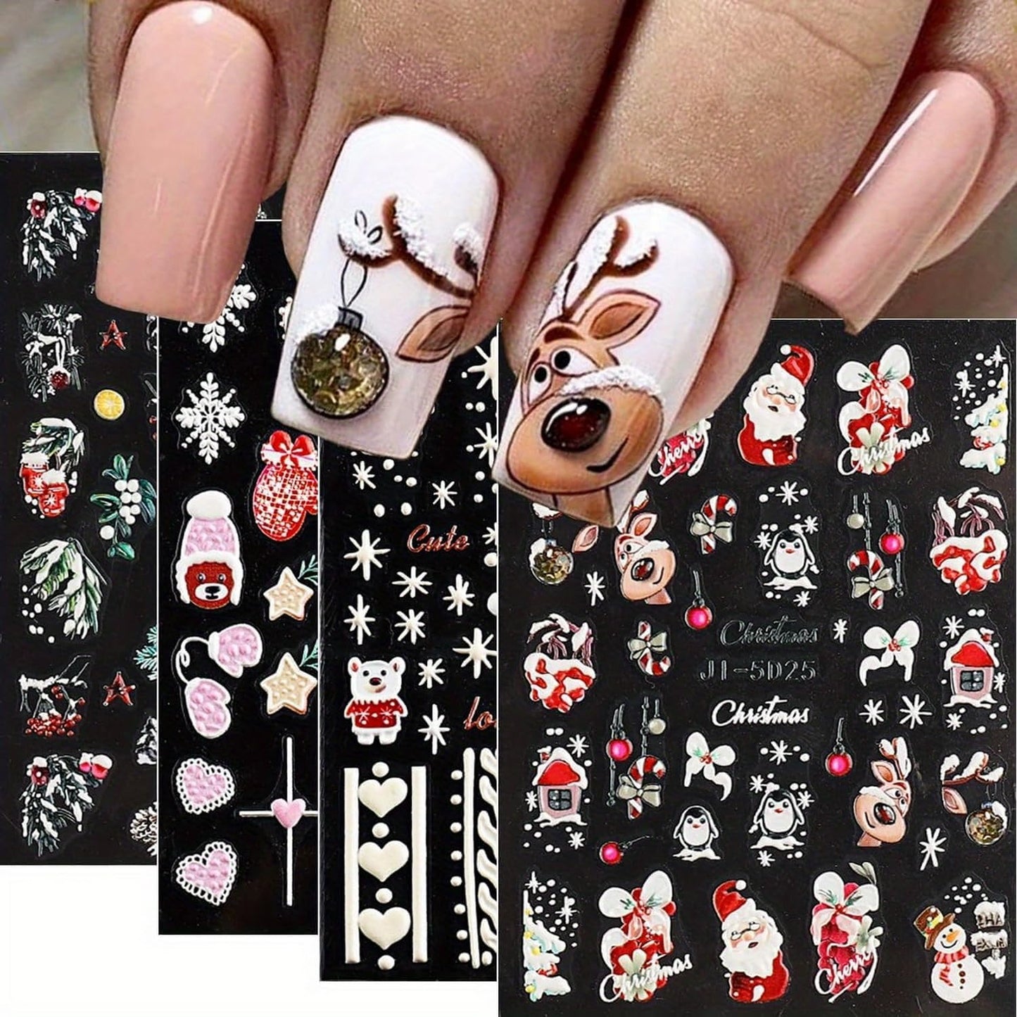 8 Sheets 5D Christmas Nail Art Stickers Self-Adhesive Embossed Cute Santa Claus Reindeer Xmas Tree Designs Cartoon DIY Xmas Nail Art Stickers Decals Christmas Nail Supplies for Women Nails Art Decor