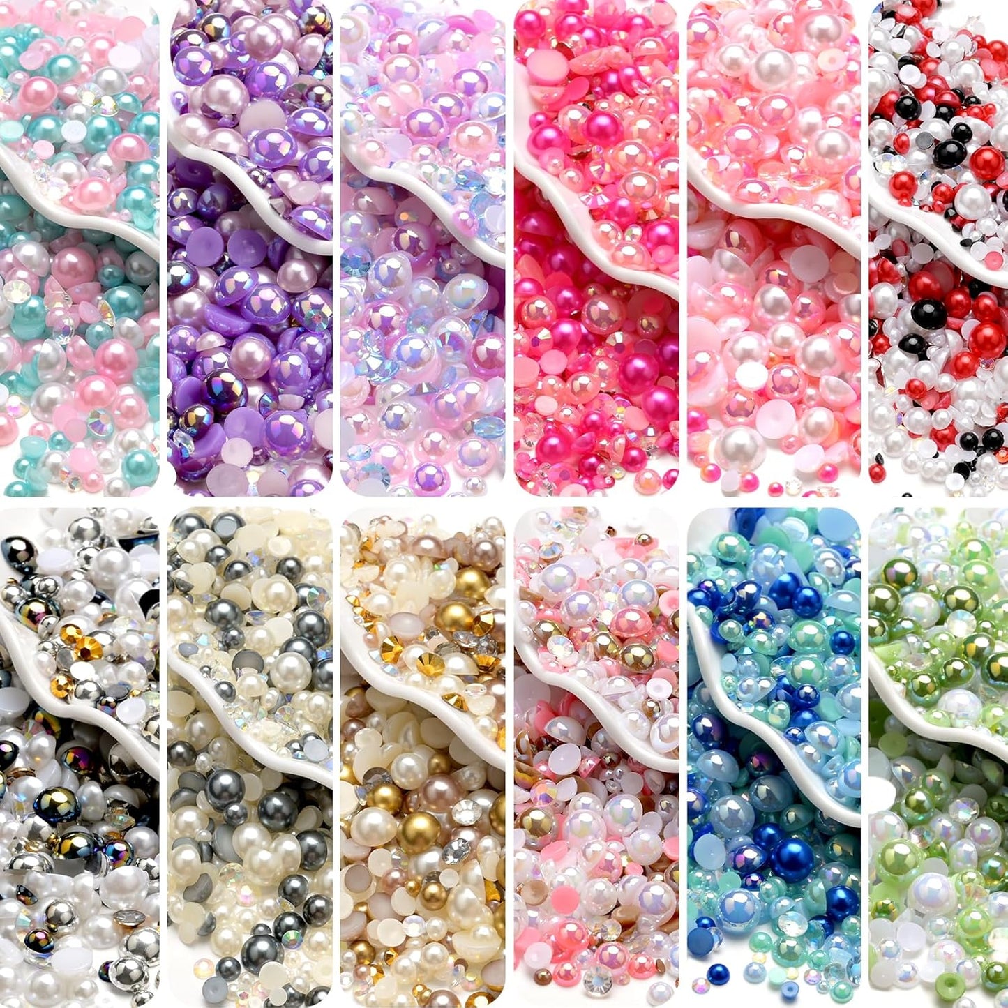80g Mix Flatback Pearls and Rhinestones for Crafts Silver Gray White Mixed Size 2mm-10mm Half Round Pearls Rhinestones for Nail Art Tumblers Shoes DIY Bedazzling with Tweezers Wax Pen