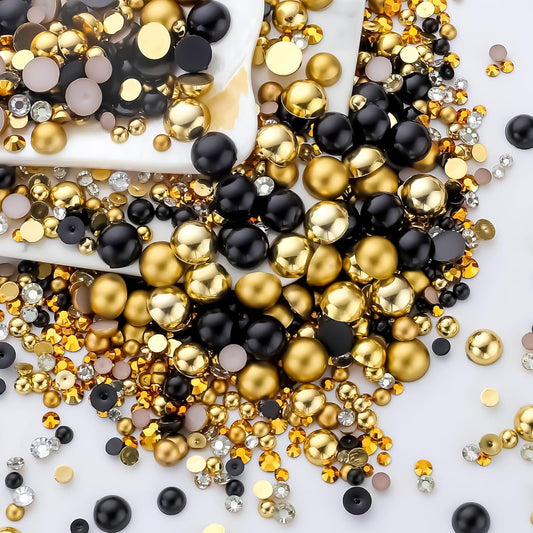 60g Gold Black Pearls Rhinestones for Crafts Mixed Size 3mm-10mm AB Color Round Half Pearls Flatback Pearl Beads and Resin Rhinestones Set for Face Art with Glue