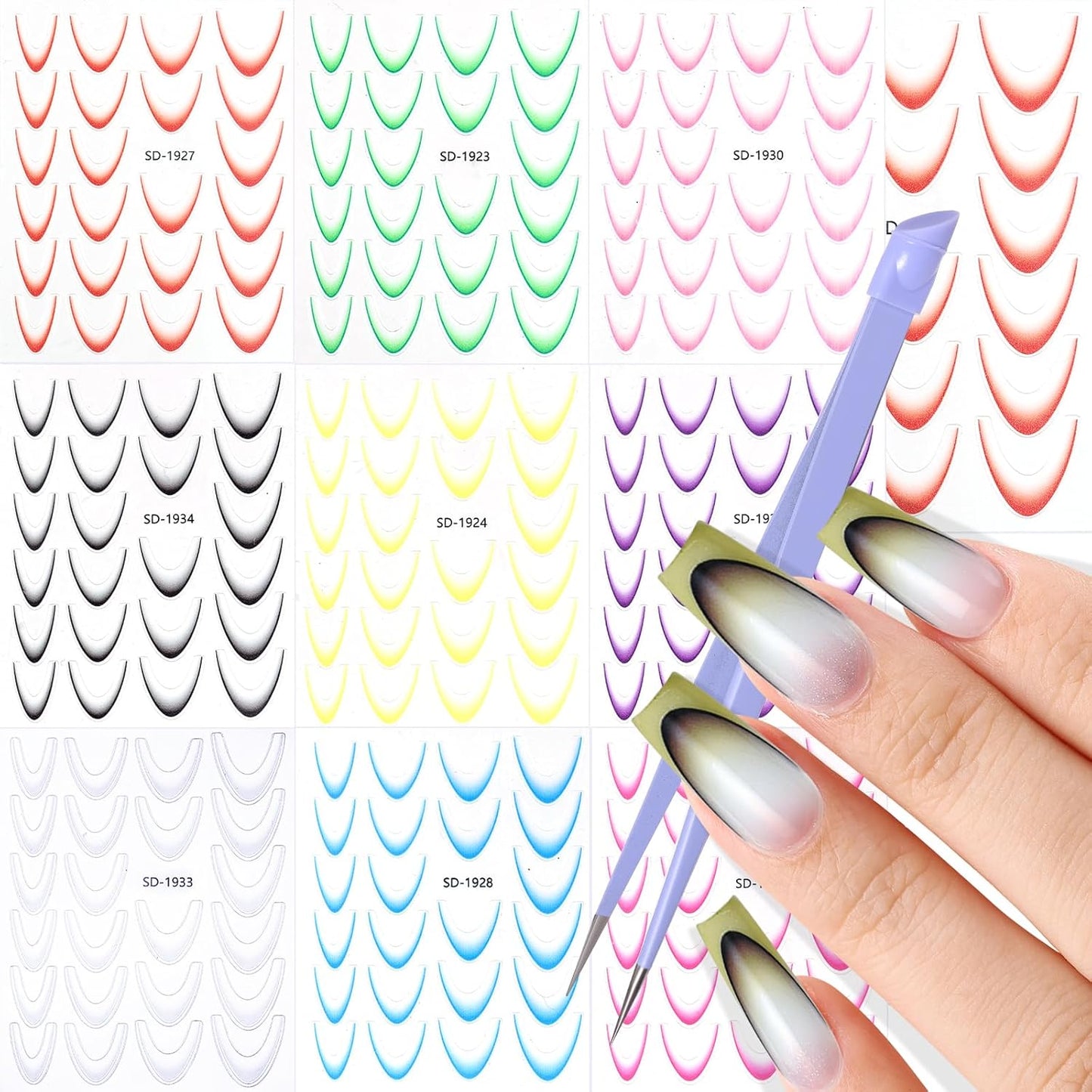9 Sheets Colorful French Tip Nail Stickers, Gradient French Line Nail Art Stickers with Tweezer, French Tip Nail Decals 3D Self-Adhesive Nail Tips Guides for Women Manicure Decoration