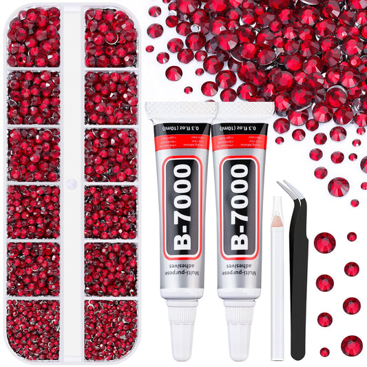 6100Pcs Resin Rhinestones for Crafting with 2Pcs 10ml B7000 Jewelry Glue, 1 Box Flatback Crystals Diamond (Dark Red) for Bedazzling Crafts DIY Nail Art，Non Hotfix Gems for Clothing Shoes Tumblers