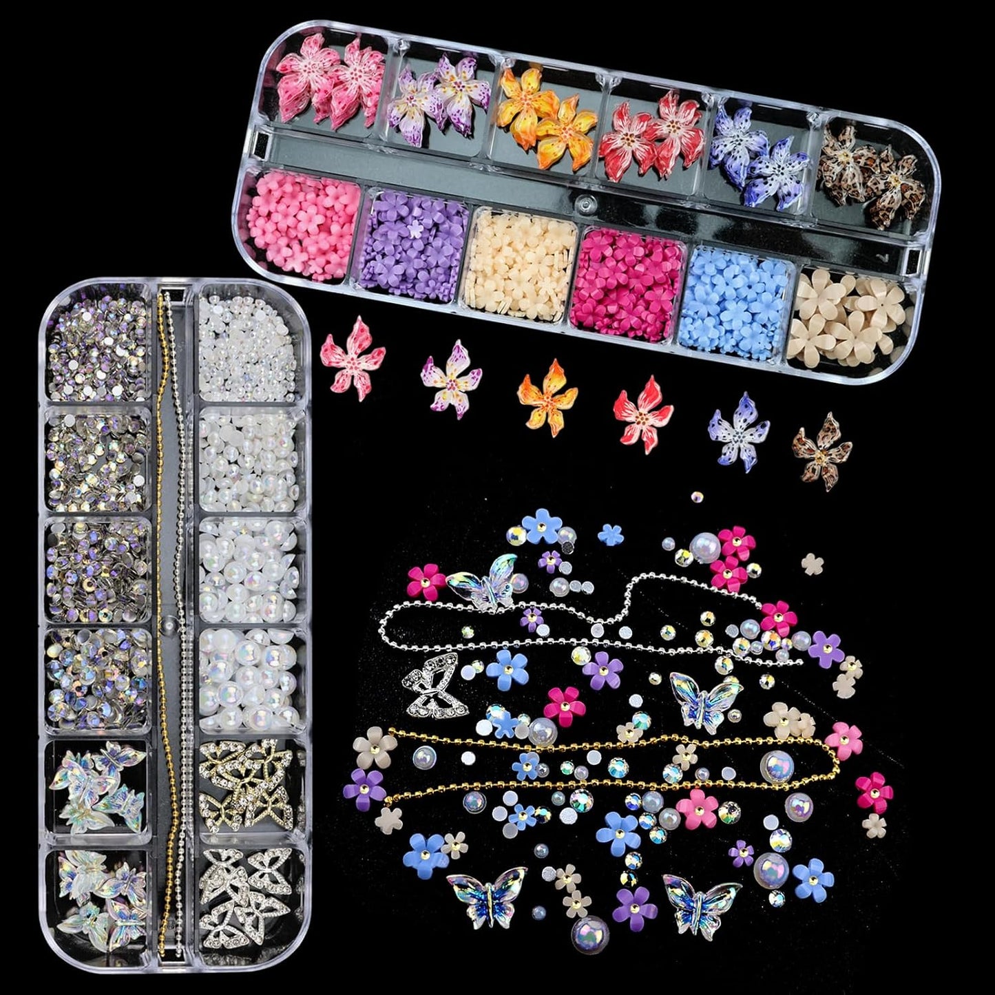 4 Boxes Nail Gems Colorful Flower Nail Charms for Acrylics - Crystals, Half Rounds Flatback Pearls and Rhinestone & Accessories for DIY Nails Art Decor for Women Nails Design