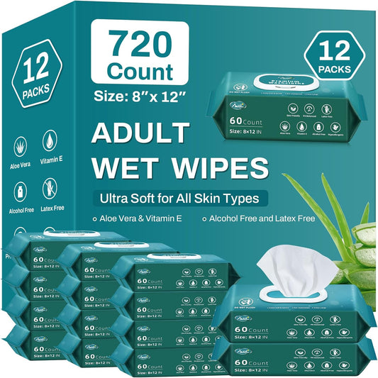 720 Count (12 Packs of 60) Wipes for Adults, 8" x 12" Extra Large for Incontinence & Cleansing, Disposable Body Shower & Bath Wipes for Elderly Bathing No-Rinse - Vitamin E & Aloe