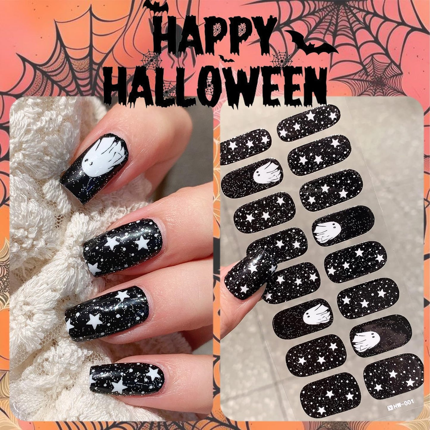 6 Sheets Spooky Halloween Gel Nail Stickers Bat Nail Wraps for Short Nails Self-Adhesive Ghost Full Wrap Nails Polish Strips Pumpkin Nails Polish Stickers Skull Gel Nail Strips for Women Nails Designs