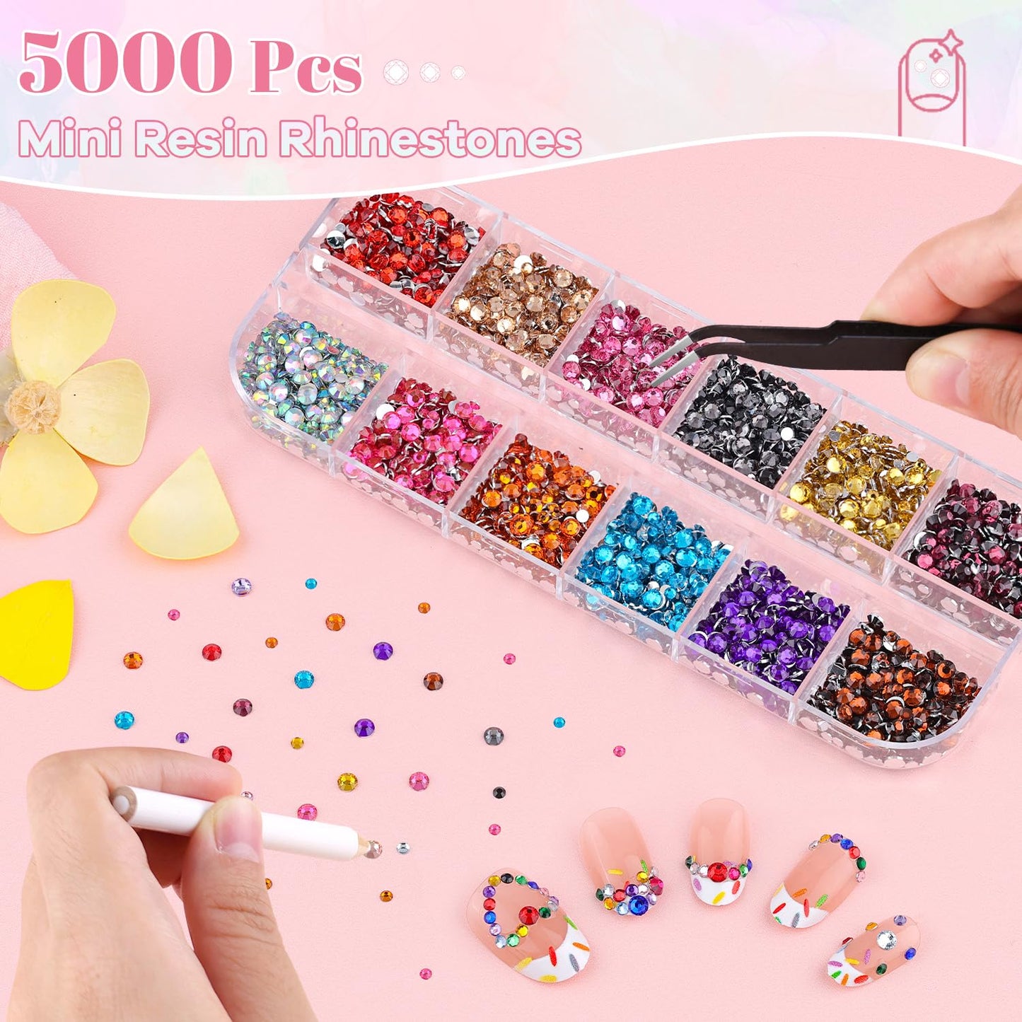 5000Pcs Small Resin Rhinestones for Nail Art with 15ML Rhinestone Glue, Colorful 2/3MM Flatback Bedazzling Gems, Nail Rhinestones and Gems Crystals Charms for Acrylic Tips Manicure Decor