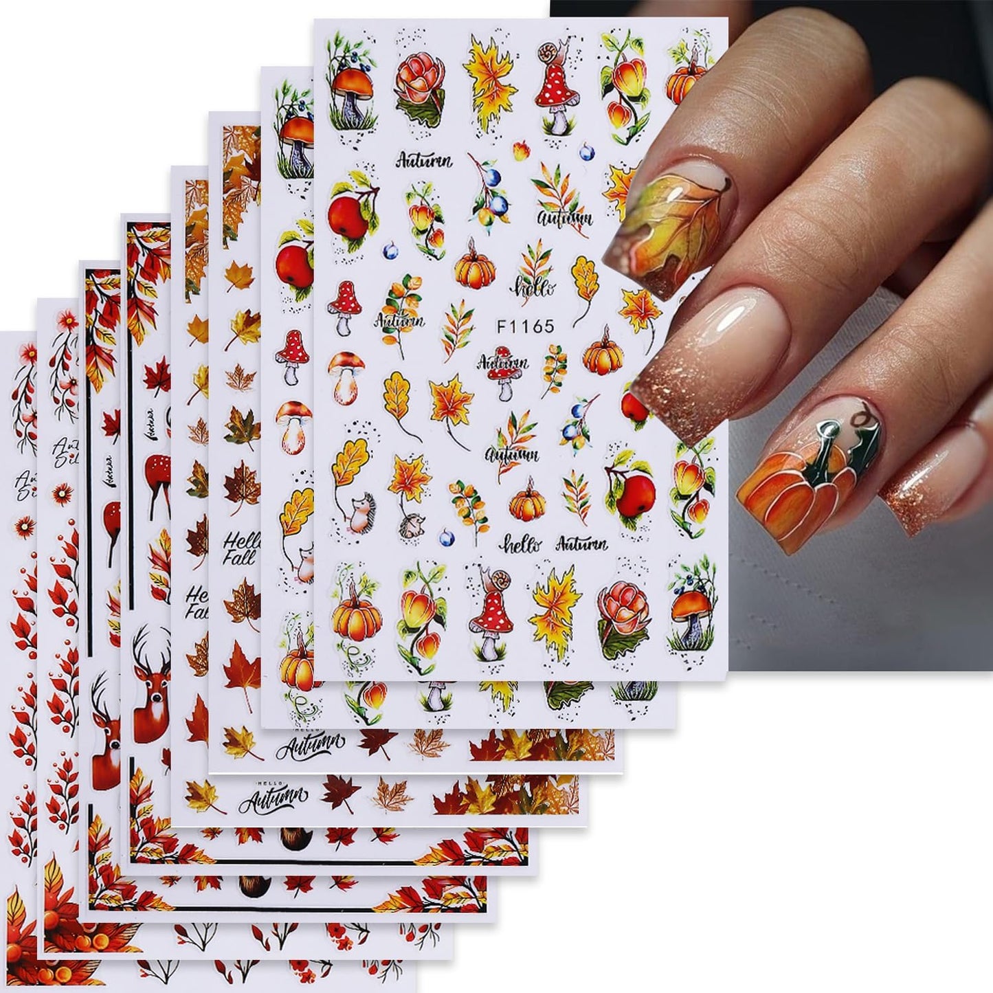 8 Sheets Thanksgiving Nail Art Stickers Decals Fall Maple Leaf Nails Decals Self-Adhesive Autumn Maple Leaves Nails Stickers for Nail Art Pumpkin Decals