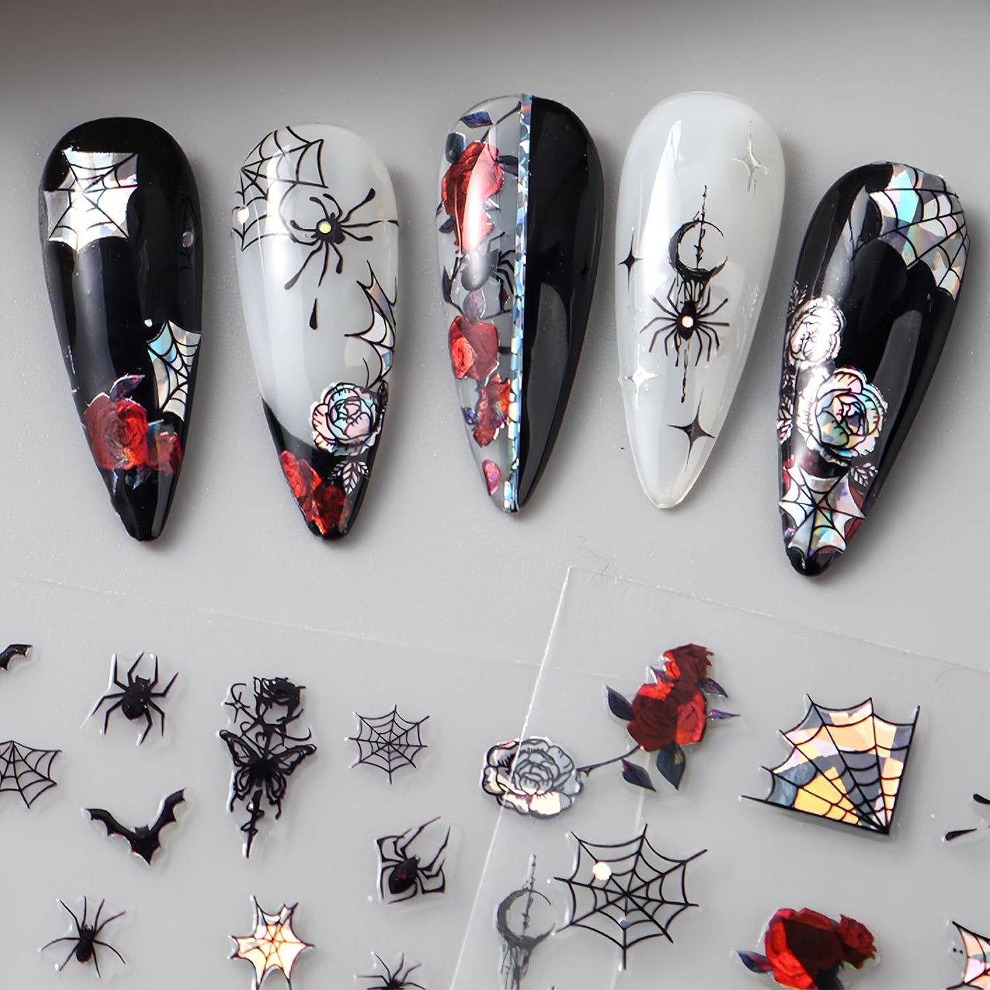 6 Sheets Halloween Colorful Nail Art Stickers 3D Glitter Spider Web Spider Nail Stickers Black Bat Scorpion Designs Nail Decals Shiny Red Rose Nail Decals for Women Halloween Party Nail Decor Kits