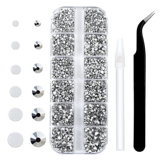4240Pcs Silver Flatback Rhinestones 6 Sizes Crystal Diamonds for Nail Art Crafts Clothes Shoes with Tweezers and Picking Pen
