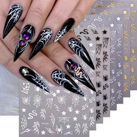 8 Sheets Halloween Nail Art Stickers Spider Web Nail Decals 3D Self-Adhesive Black Silver White Gold Snake Spiders Spider Web Nail Stickers Design Holiday Sticker for DIY Nails Decoration Accessories