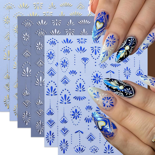 6 Sheets Bohemian Nail Stickers for Nail Art 3D Self-Adhesive Flower Nail Art Stickers Gold Silver Floral Nail Decals Bohemian Style Retro Blue Manicure Art Decoration Charms for Women Nails Supplies