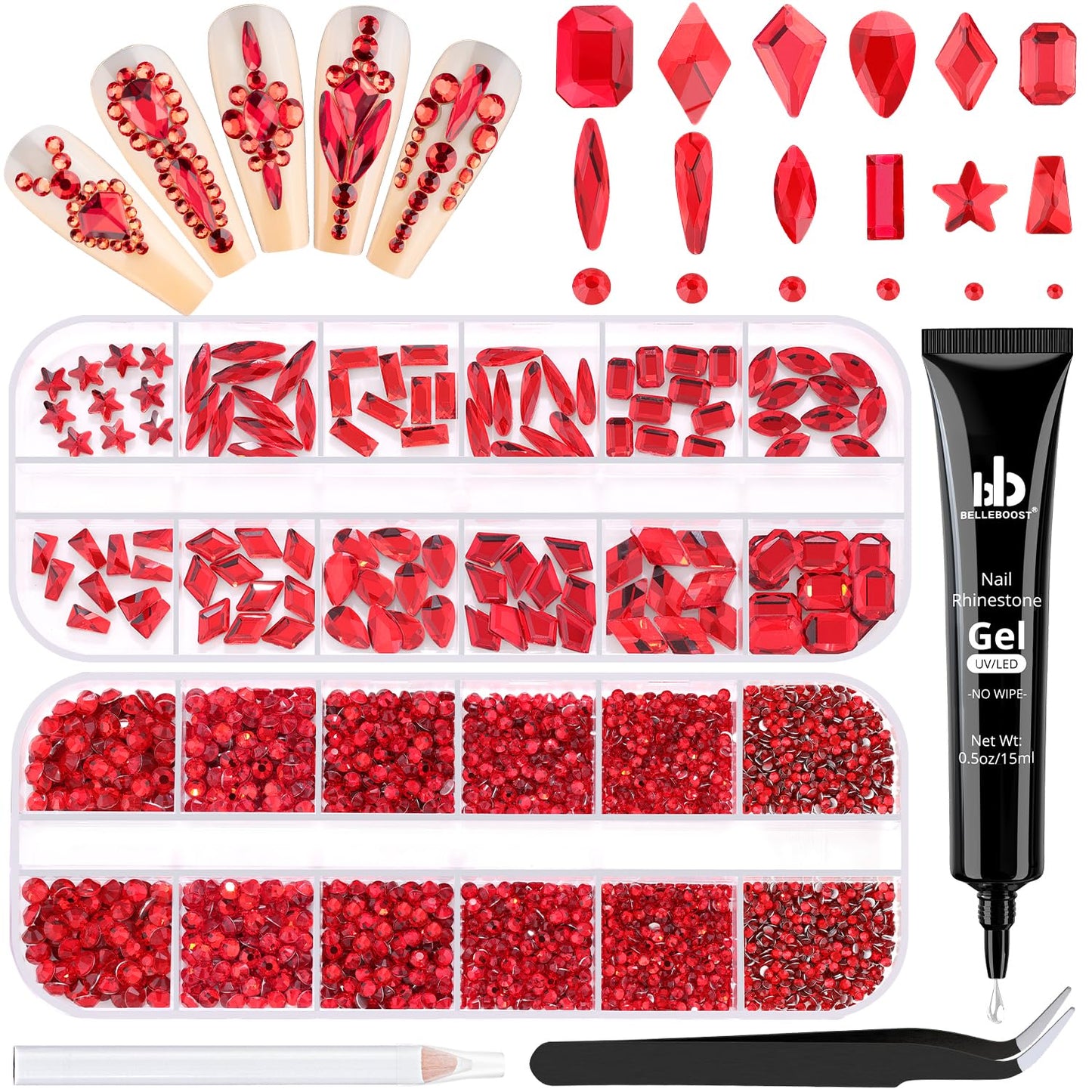 3220Pcs Red Glass Rhinestones 120Pcs Multi Shapes Flatback Gems + 3100Pcs 1.5-4mm Round Crystal With Glue Gel, Manicure Charms Diamond Gemstones for Nail Art