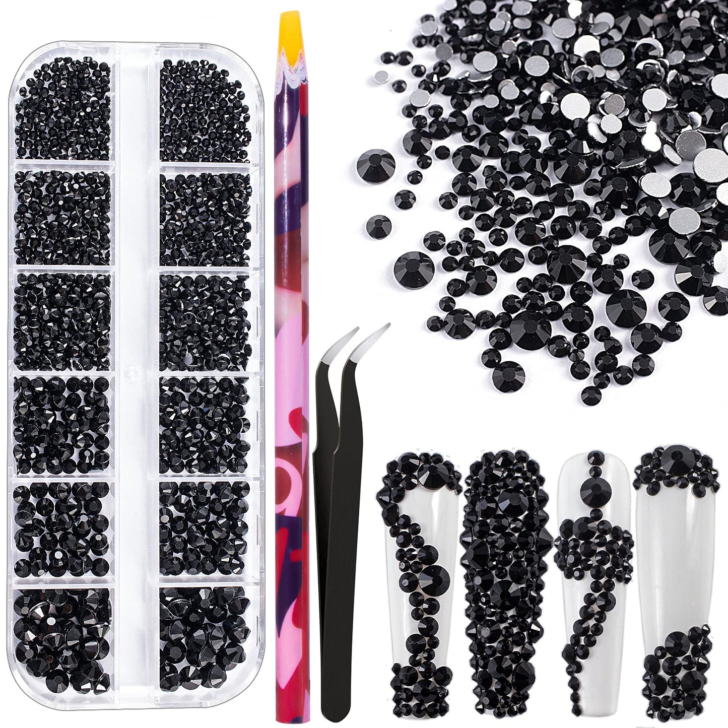 6 Sizes Black Glass Crystal Kit with Pickup Pen + Tweezer Tools for Shine Nail Art Manicure Makeup DIY Decoration Flatback Round Rhinestone Gem Jewelry Diamond