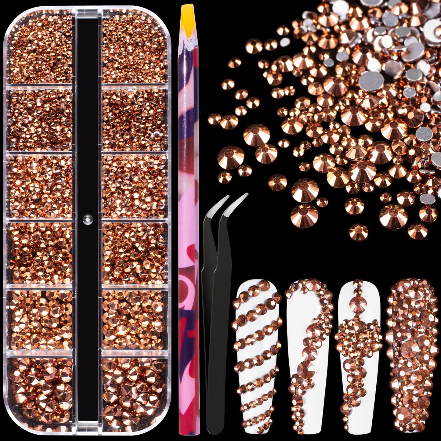 6 Sizes Rose Gold Glass Crystal Kit with Pickup Pen + Tweezer Tools for Shine Nail Art Manicure Makeup DIY Decoration Flatback Round Rhinestone Gem Jewelry Diamond