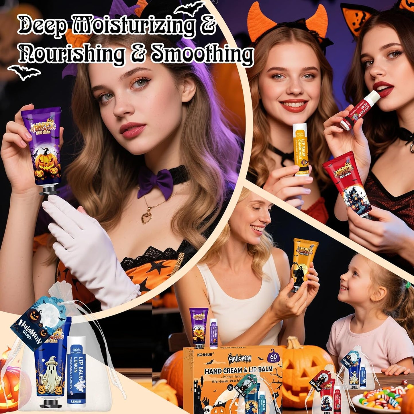 60 Pack Halloween Hand Cream and Lip Balm Set for Women, Bulk Hand Lotion for Halloween Gifts, Halloween Party Favors, Party Supplies, Decorations, Goodie Bags with Halloween Card and Organza Bags