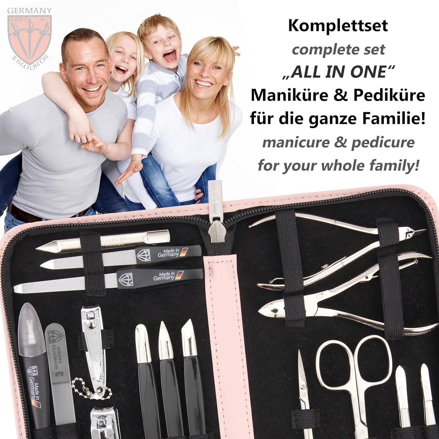 3 Swords Germany - brand quality 16 piece manicure pedicure grooming kit set fashion leather case light pink, Made in Germany