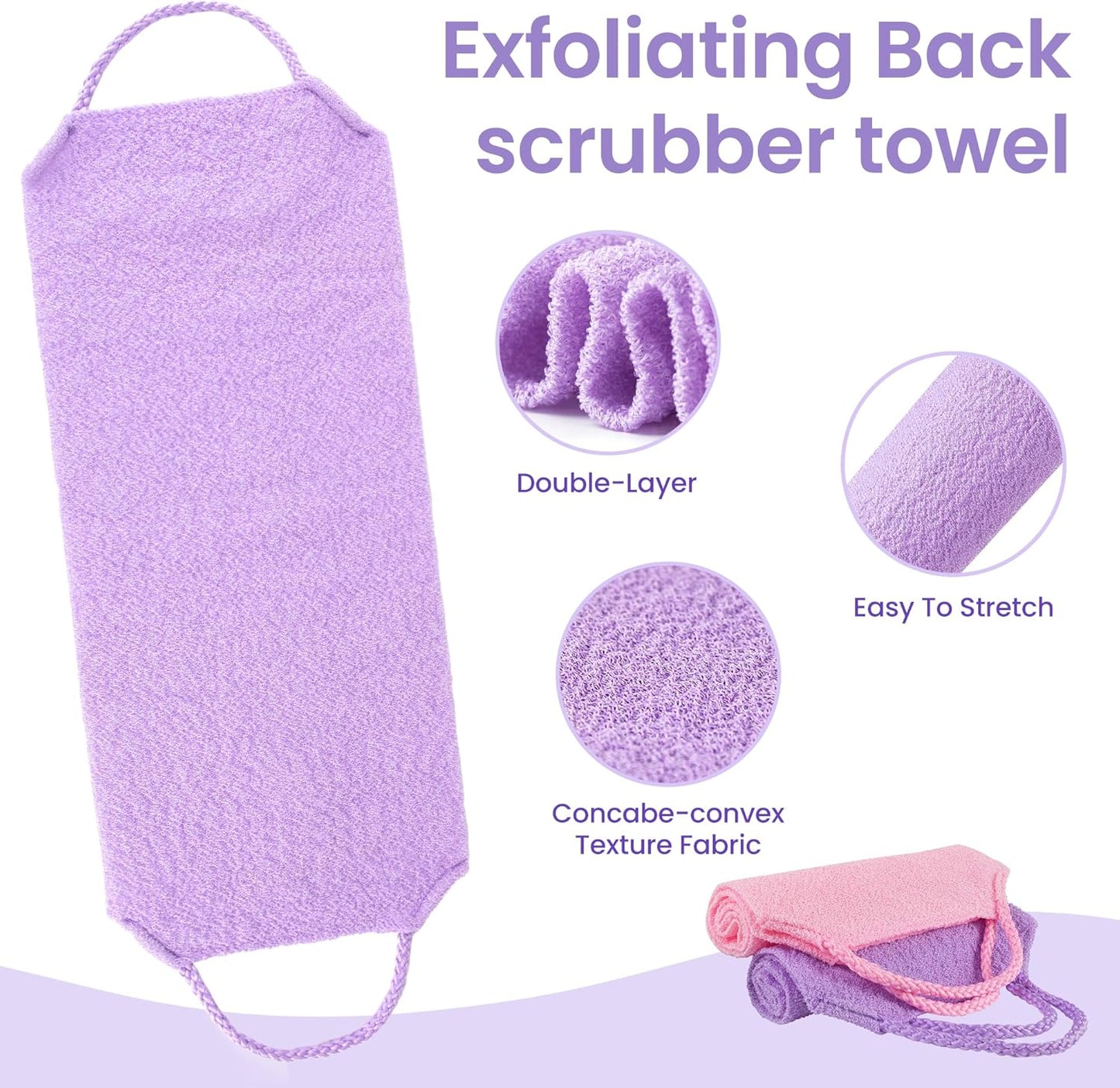 3 Pcs Double-Sided Back Exfoliator Body Scrub Towel, Exfoliating Back Scrubber with Handles,Exfoliating Washcloth Bath Tool in Shower, Stretchable Back Washer to Deep Cleans Skin (Beige,Pink,Purple)