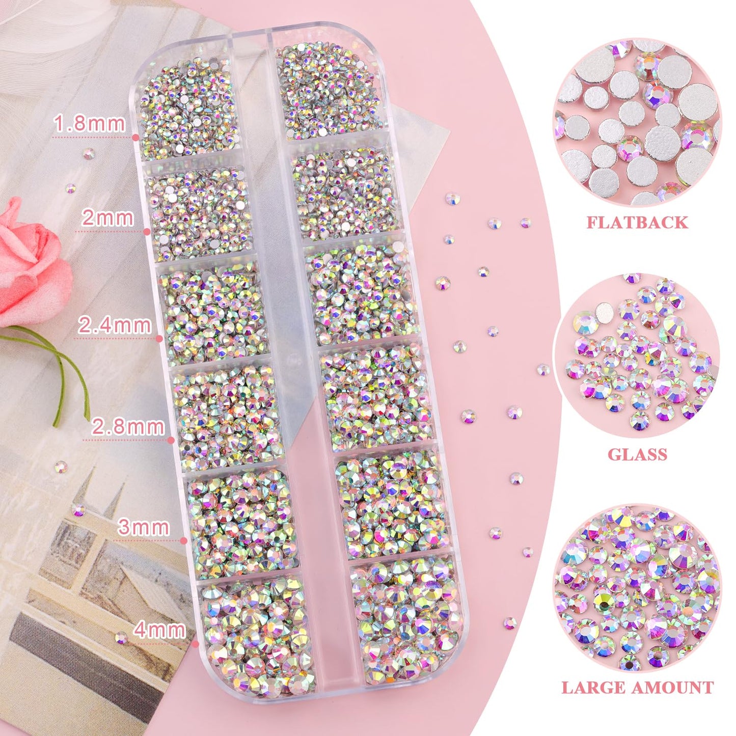 3600pcs Glass AB Nail Rhinestones 6 Sizes(1.8/2/2.4/2.8/3/4mm) Flatback Crystal Nail Charms Jewels Decoration for Nail Art and Crafting, Tweezer and Pickup Pen included