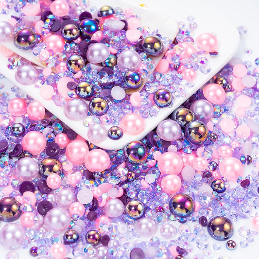 60g Light Amethyst Pearls Rhinestones for Crafts Mixed Size 3mm-10mm AB Color Round Half Pearls Flatback Pearl Beads and Resin Rhinestones Set for Face Art with Gel Gel