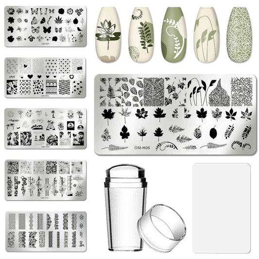 AddFavor Nail Art Stamper Kit 6pcs Flower Heart Leaf Lace Butterfly Stamping Plate Template with Silicone Nail Stamper and Scraper for Women Girls DIY Fingernail Manicure Stencils Tools