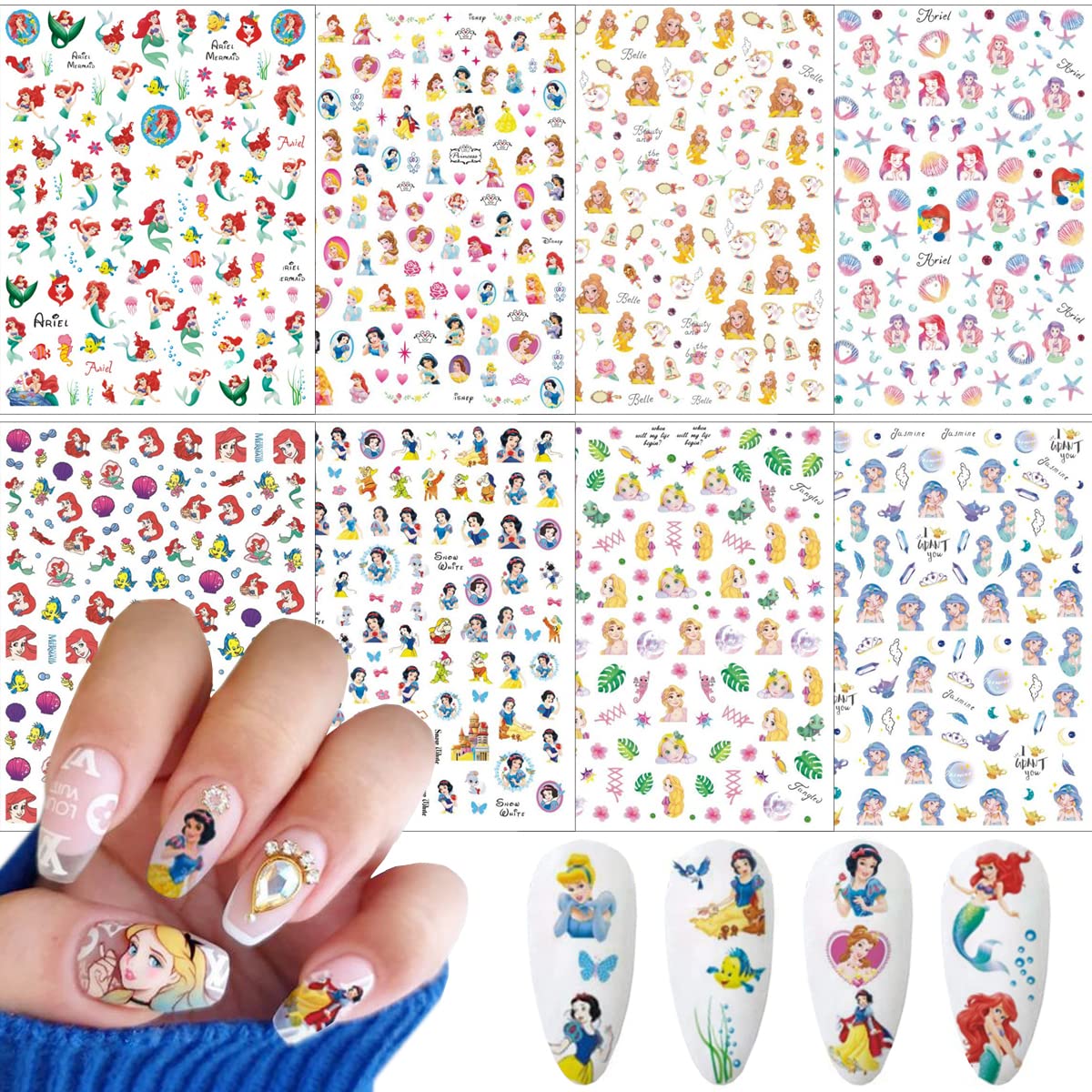 8 Sheets Cute Cartoon Nail Art Stickers Decals 3D Self Adhesive Kawaii Mermaid Design Acrylic Nail Art Supplies Cartoon Nail Stickers for Women Girls DIY Cute Manicure Tips Decorations Accessories
