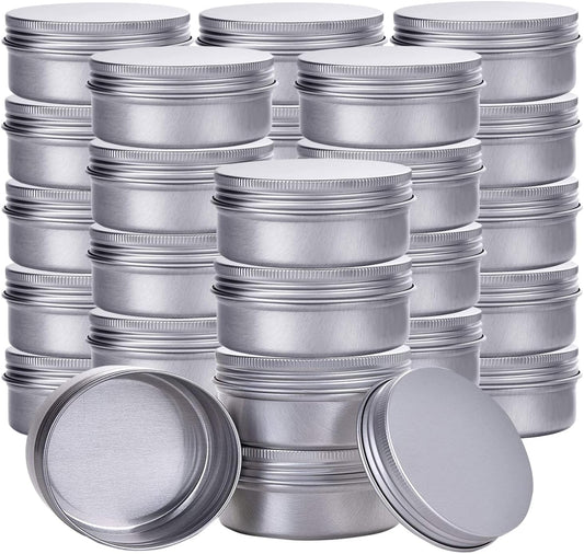 2 Ounce Aluminum Tin Jar Refillable Containers 60 ml Aluminum Screw Lid Round Tin Container Bottle 60 Pack for Cosmetic,Lip Balm, Cream