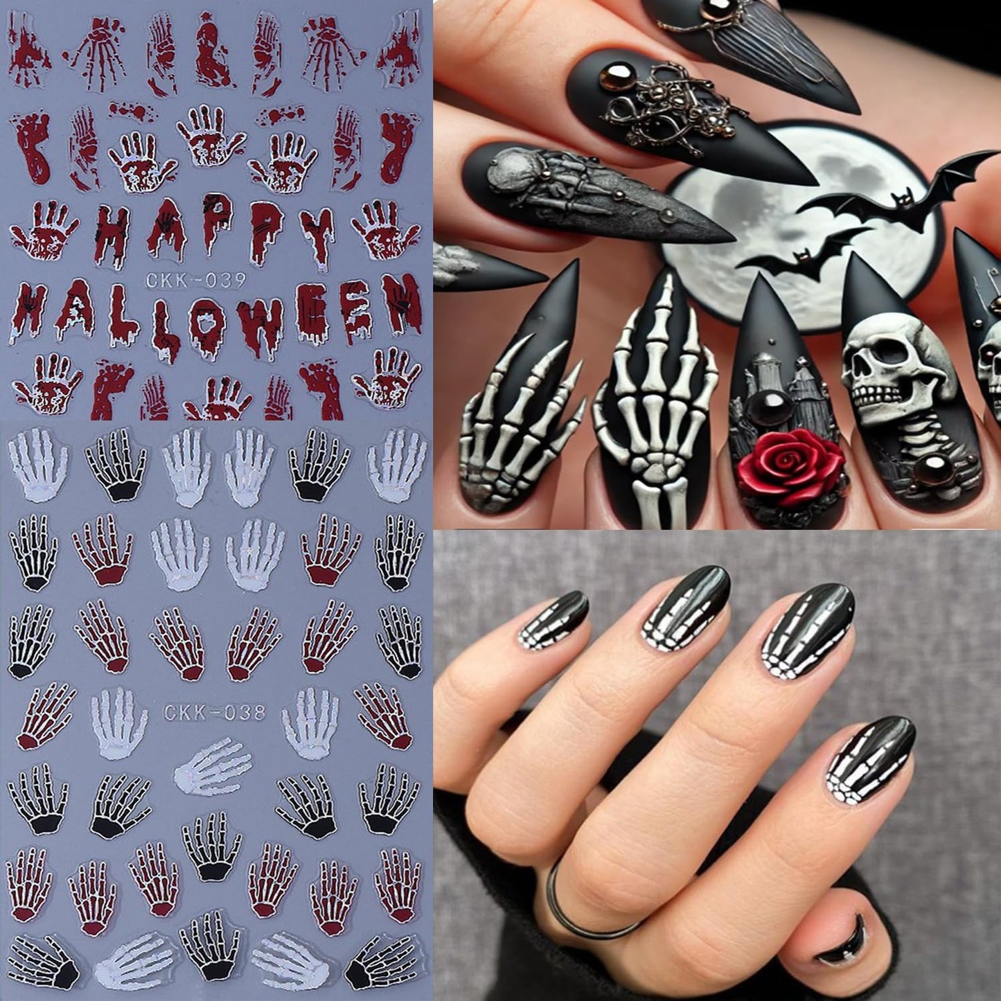 6 Sheets Halloween Nail Art Stickers 3D Self -Adhesive Bloods Hand Skeleton Nail Decals Holographic Blood Knives Nail Stickers Halloween Nail Decoration for Women Manicure Supplies