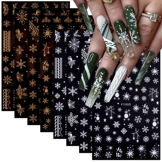 8 Sheets Gold Snowflakes Nail Art Stickers 3D Self-Adhesive Christmas Stickers Winter Nail Decals White Gold Designs Elk Snowflake Nail Supplies Holiday Nail Sticker for Nail Art DIY Christmas Nails