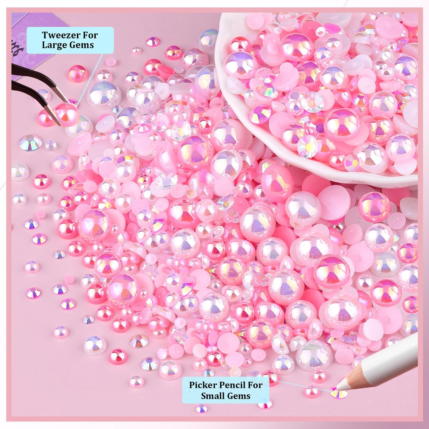 9000Pcs Flatback Pearls and Rhinestones for Crafting, Pink White Mixed Size 3-8mm Resin Rhinestones and Half Pearls for Bedazzling, Nail Art with Tweezers and Pickup Pencil