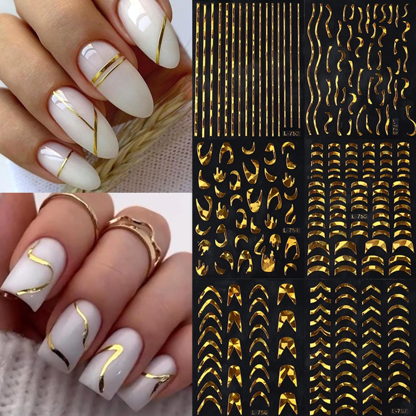 6 Sheets Gold Nail Art Stickers Decals Wavy Stripe Nails Stickers French Tip Nails Decal Self-Adhesive Irregular Lines Nail Art Decal for Women Manicure Decor