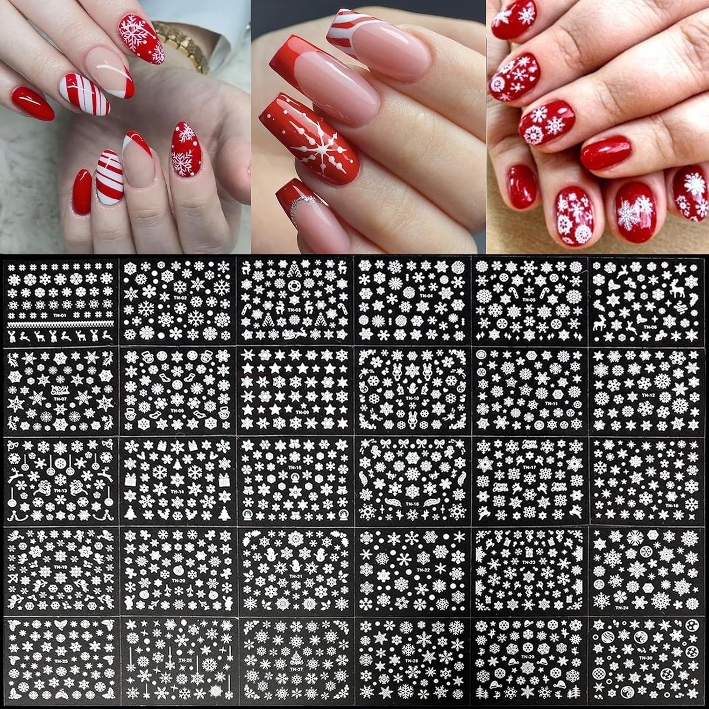 30 Sheets Christmas Nail Art Stickers 3D Self-Adhesive Snowflake Holiday Nail Stickers White Snowmen Santa Claus Elk Decals Decorations Supplies for Women (Snowflake)
