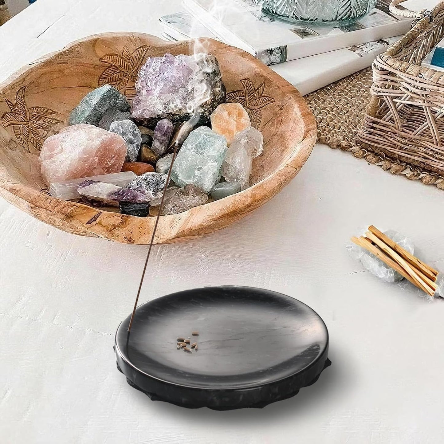 7.1-Inch Marble Incense Holder, Long Incense Holder for Sticks, Large Incense Sticks Holder for Meditation Yoga SPA, Incense Burne for Palo Santo/Sage/Cone/(Black)