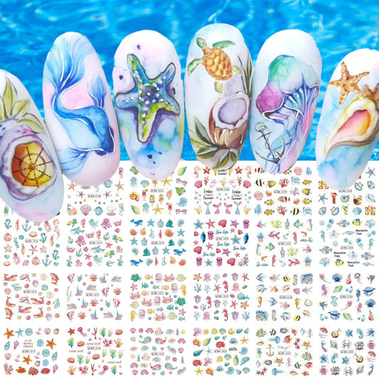 36 Sheets Summer Nail Art Stickers, Ocean Anchor Water Transfer Nail Decals, Shark Seashell Sea Turtle Design DIY Manicure Decorations for Girls Women