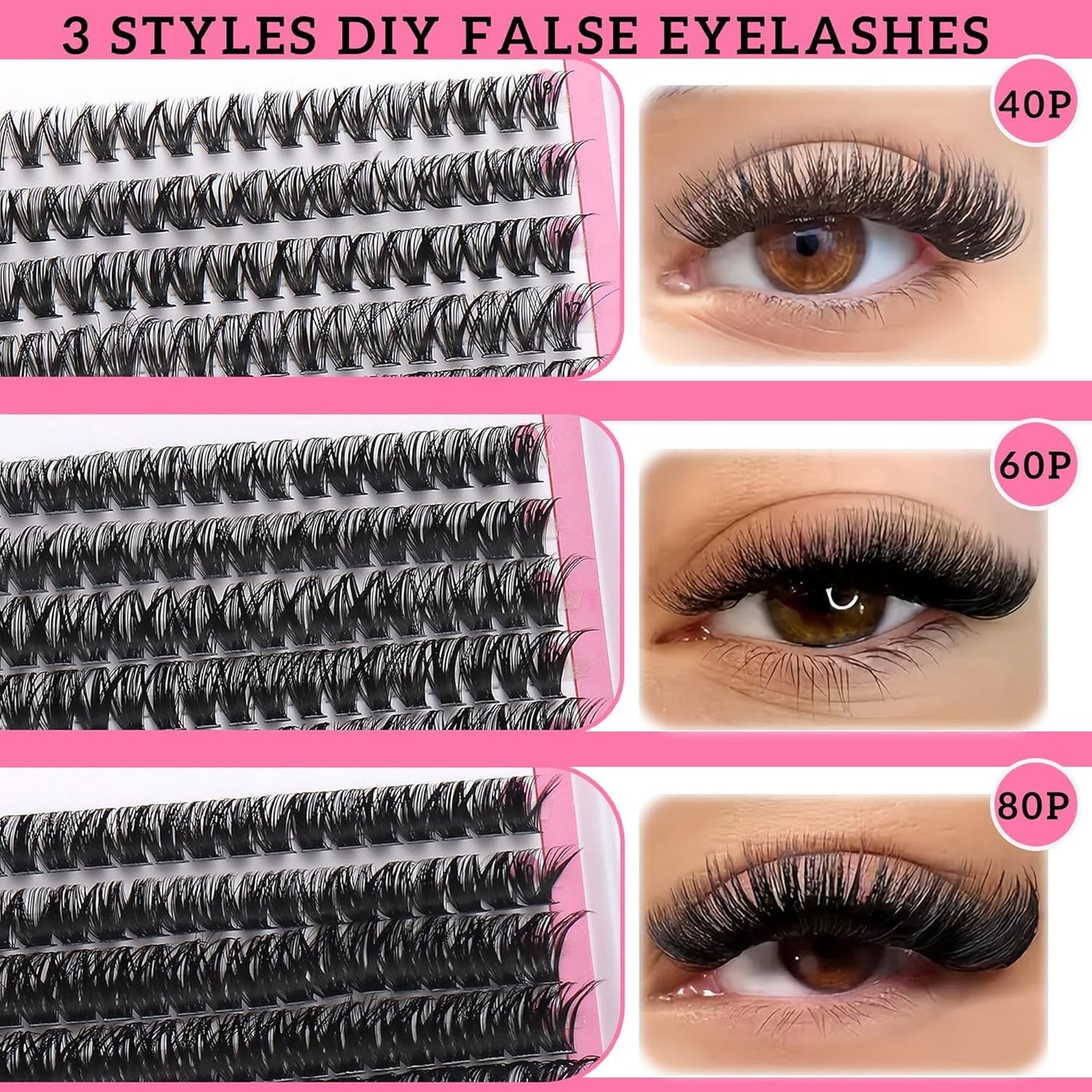 3 Styles Lashes Cluster Kit 720Pcs Eyelash Extensions Kit 40P+60P+80P Bulk Pack D Curl Volume False Eyelashes DIY Individual Wispy Fake Eye Lashes Combo Packs with Bond&Seal |Tweezers | Removers