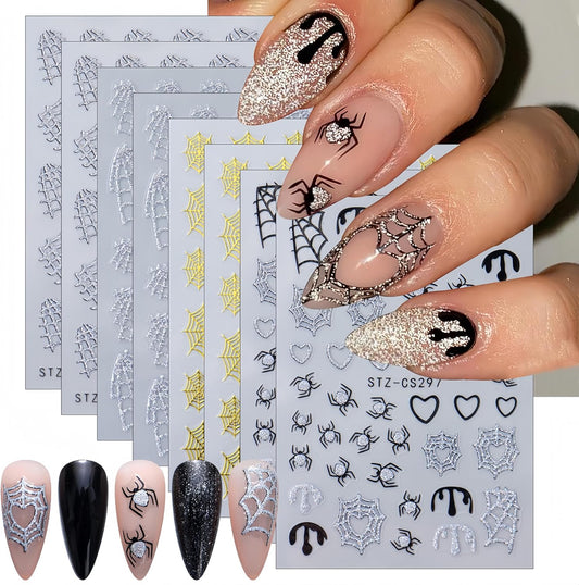8 Sheets Halloween Nail Art Stickers Gold Silver Black Spider Web Nail Decals with Glitter Designs Nail Stickers 3D Self-Adhesive Spider Nail Supplies Horror Blood Drop Nail Decoration