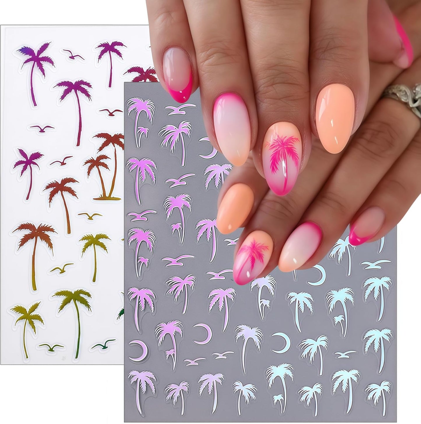8 Sheets Tropical Palm Tree Nail Art Stickers Coconut Trees Decals Multi-Color Holographic Gradient Design with Birds and Moon Summer Beach Theme Sliders for Women Manicure Decorations
