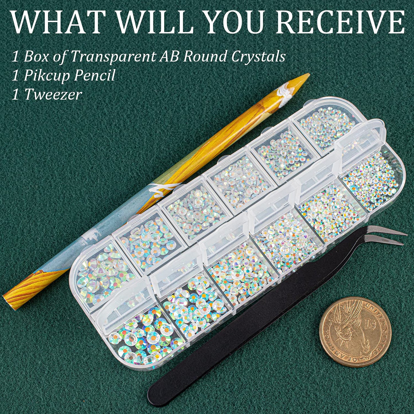 6 Sizes Transparent AB Glass Crystal Kit with Pickup Pen + Tweezer Tools for Iridescent Shine Nail Art Manicure Makeup DIY Decoration Flatback Round Rhinestone Gem Jewelry Diamond