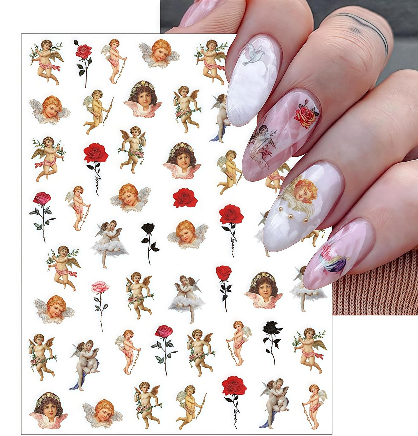 8 Sheets Angel Nail Art Stickers 3D Self-Adhesive Cupid Angel Rose Flowers Wings Heart Design Stickers Decals Valentine's for Women Acrylic DIY Manicure Salon Decoration Kits