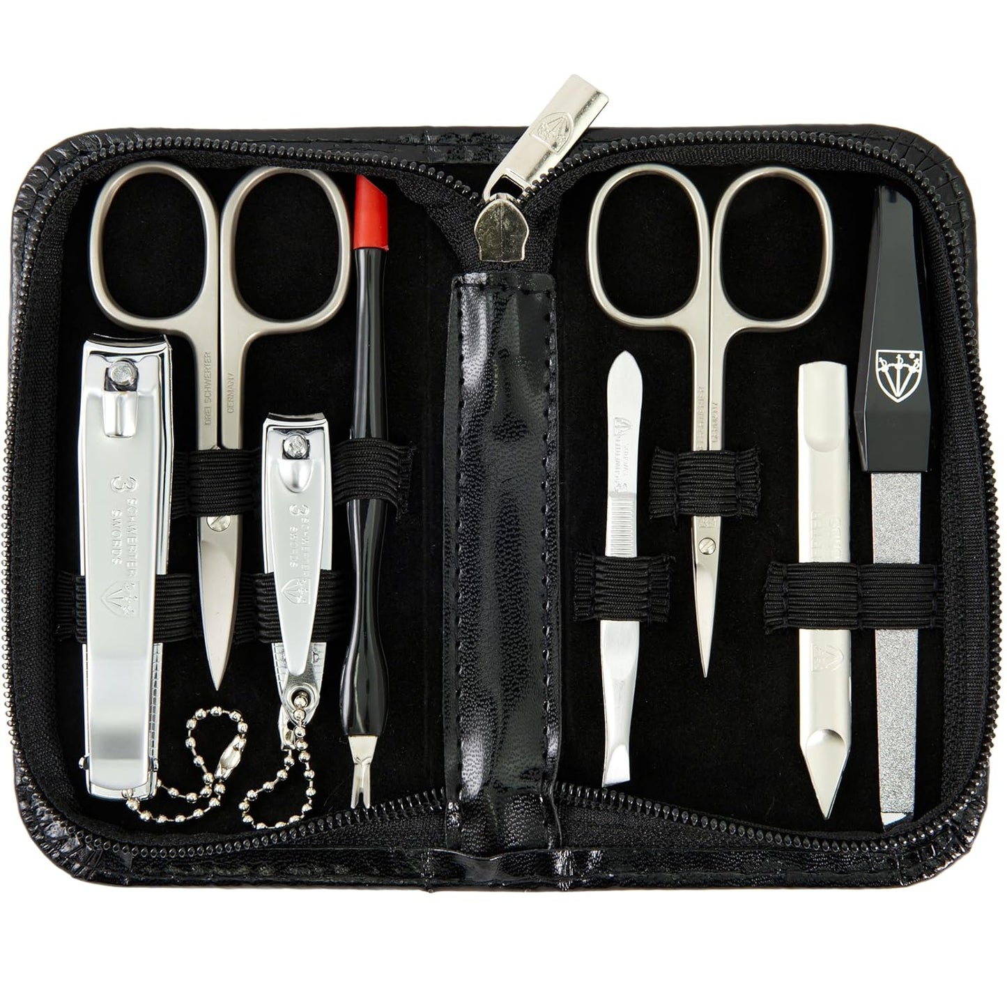 3 Swords Germany – brand quality 8 piece manicure pedicure grooming kit set for professional nail care with synthetic leather case black - Made in Germany