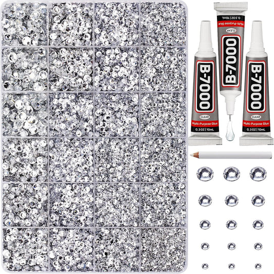 30000Pcs Resin Rhinestones for Crafting Bedazzling, Silver Clear Flatback Gems Crystals for Bedazzle Crafts Clothing Clothes Fabric, Flat Back Jewels Diamonds Mixed Sizes Bedazzler Kit with b7000 Glue