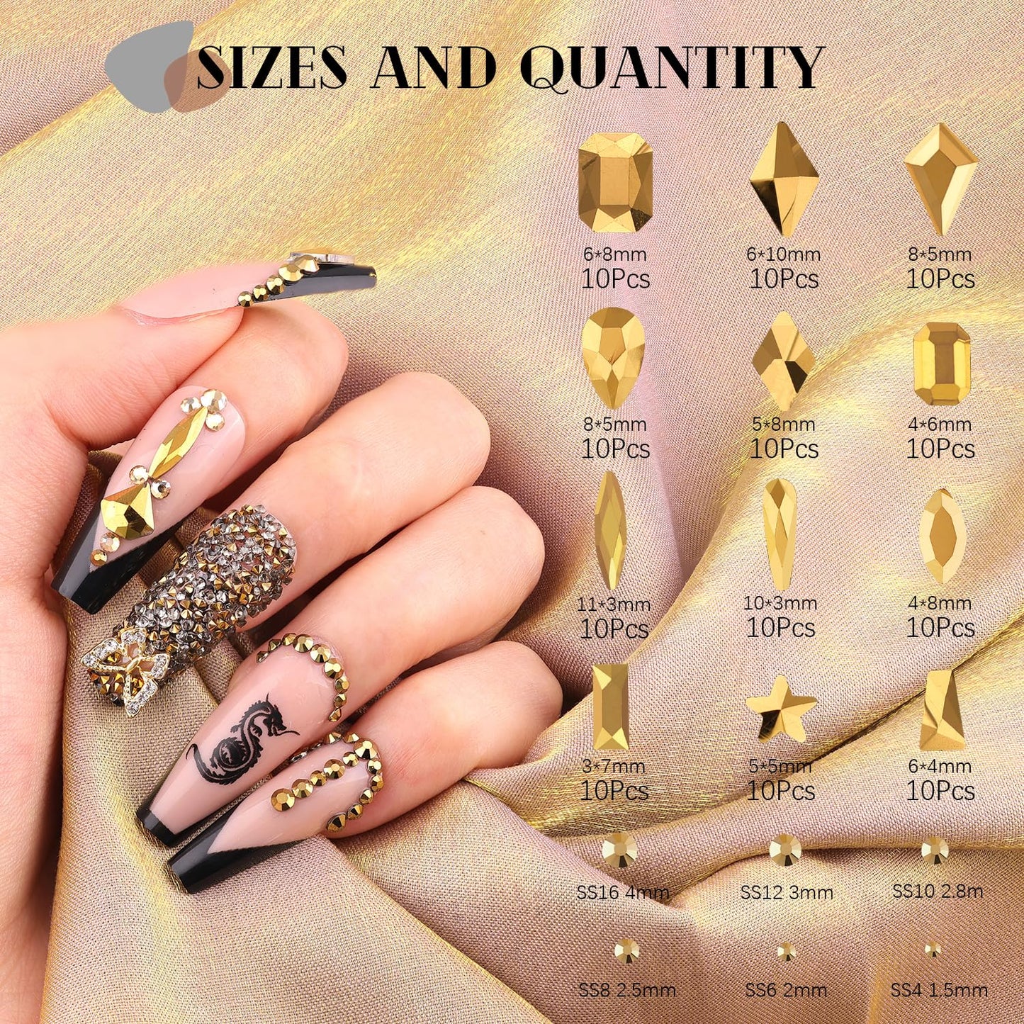 3220Pcs Mineral Gold Glass Nail Rhinestones 120Pcs Multi Shapes Flatback Nail Gems + 3100Pcs 1.5-4mm Round Crystal with Rhinestones Glue Gel, Manicure Nail Charms Diamond Gemstone for Nail Art