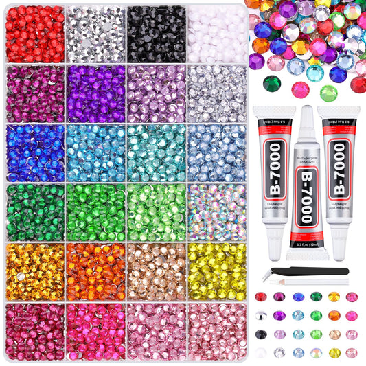 6600Pcs Resin Rhinestones for Crafting with Tweezers, Multicolor 5mm Bedazzling Crystal with 3Pcs 10ml B7000 Jewelry Glue for DIY Crafts Clothing Tumblers Shoes Fabric Nail Art