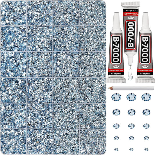30000Pcs Resin Rhinestones Set for Crafting Bedazzling, Light Blue Flatback Gems Jewels for Crafts Clothes Shoes Fabric Outfit Nails Makeup, Flat Back Crystal 2-6mm with b 7000 Glue