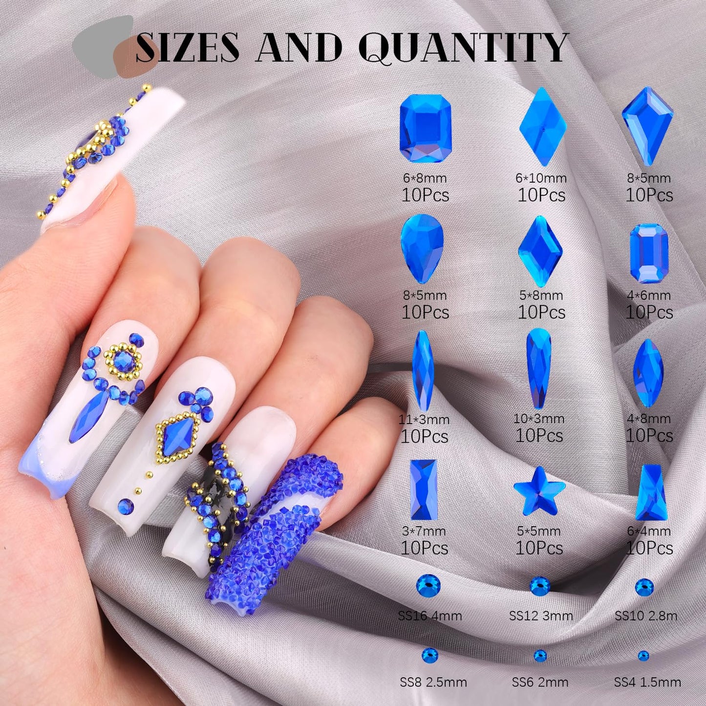 3220Pcs Royal Blue Glass Nail Rhinestones 120Pcs Multi Shapes Flatback Gems Crystal + 3100Pcs 1.5-4mm Round Beads, Manicure Diomand Jewelry Gemstones for Nail Design Makeup Acrylic Nails Decoration