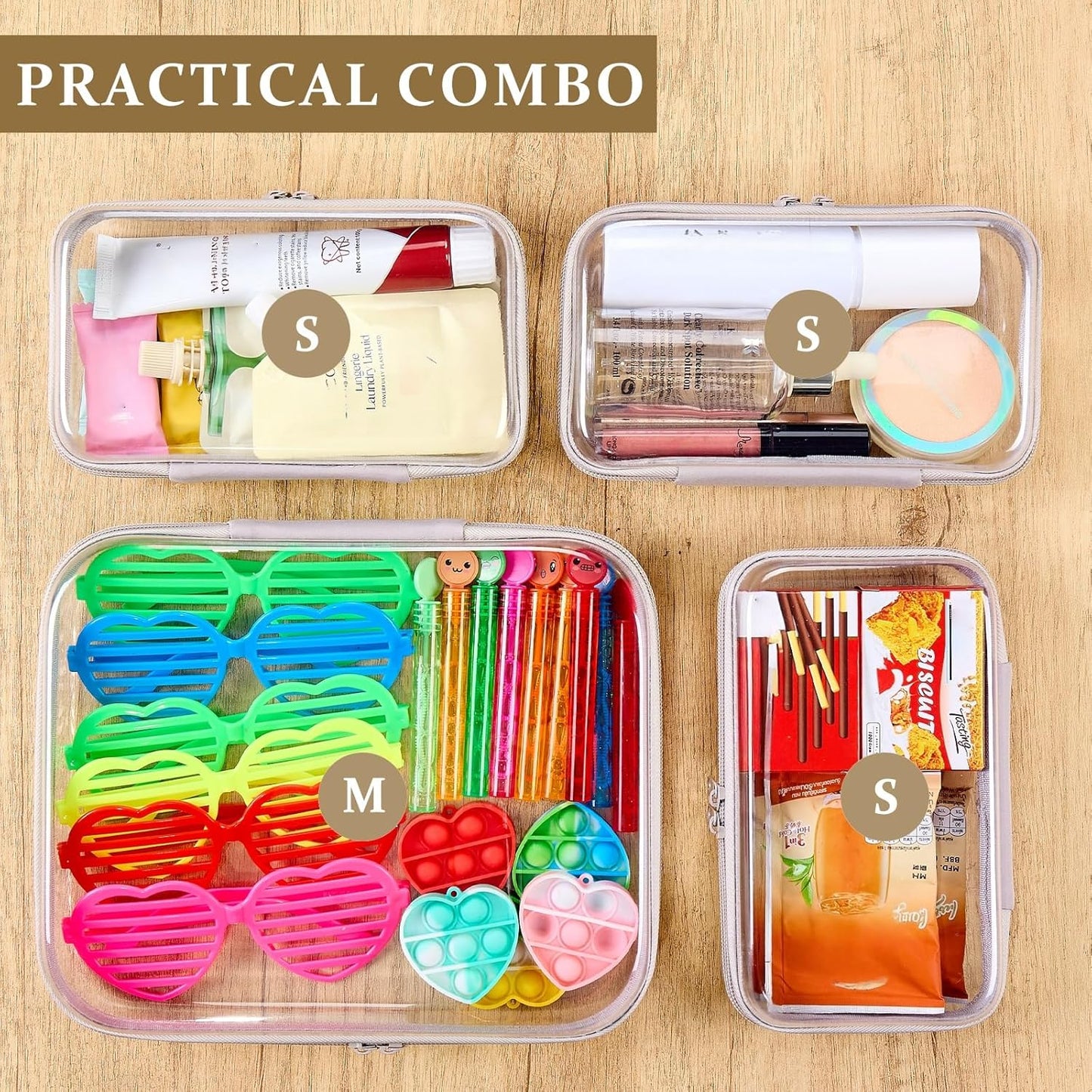 4 pcs Clear Zipper Pouches,Hard Shell Zipper Case, Toiletry Bag for Travel, CLear Diaper Bag, Toiletry Pouch, Travel Organizer, Clear Cosmetic Bag,Toy Storage Bins (M+3S) (Gray)