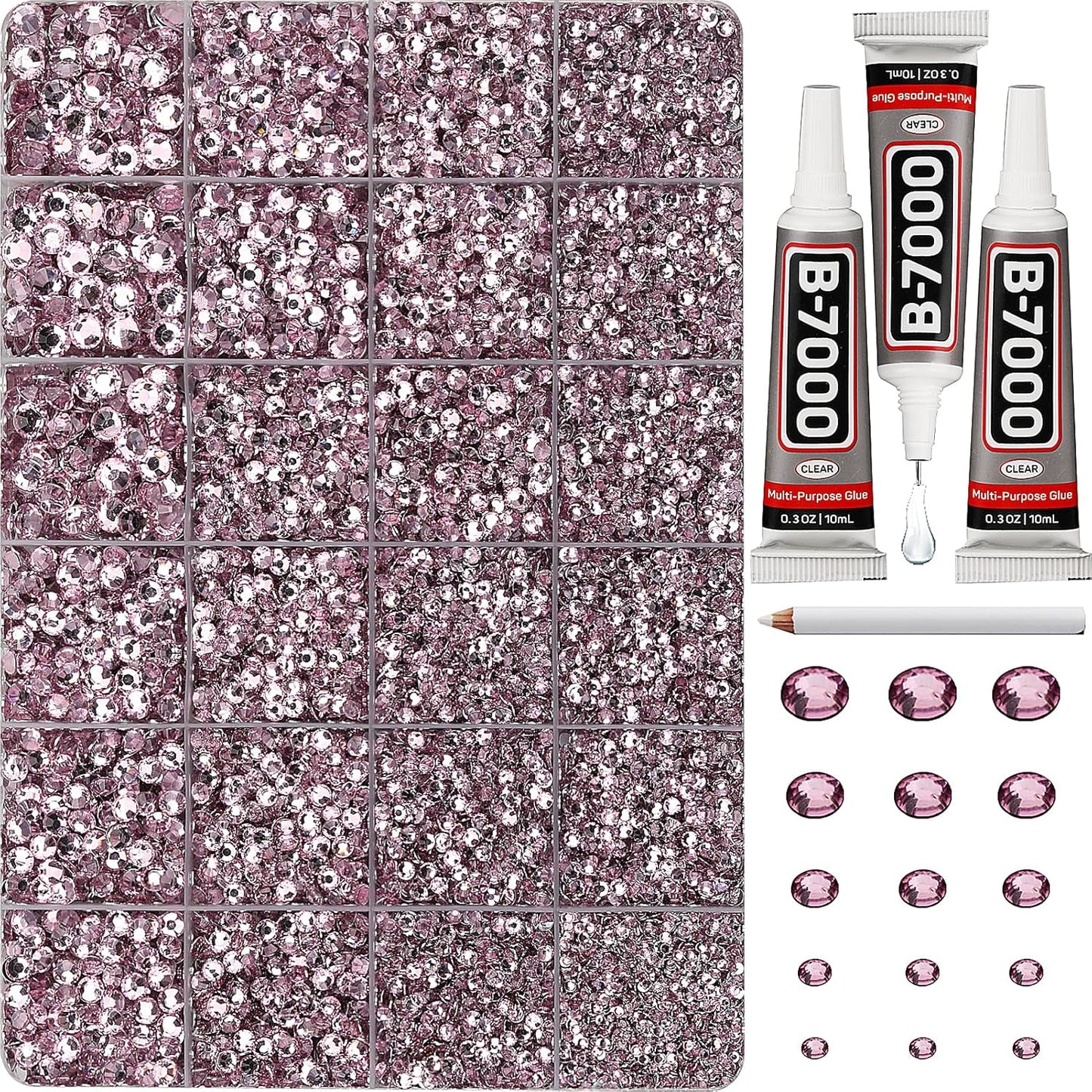 30000Pcs Resin Rhinestones Set for Crafting Bedazzling, Light Pink Flatback Gems Jewels for Crafts Clothes Shoes Fabric Outfit Nails Makeup, Flat Back Crystal 2-6mm with b 7000 Glue