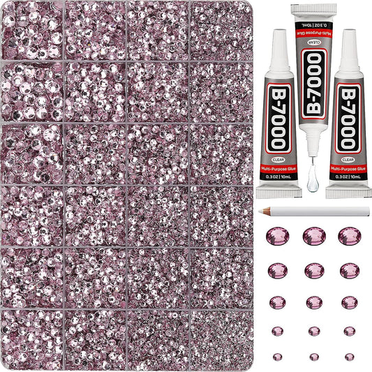 30000Pcs Resin Rhinestones Set for Crafting Bedazzling, Light Pink Flatback Gems Jewels for Crafts Clothes Shoes Fabric Outfit Nails Makeup, Flat Back Crystal 2-6mm with b 7000 Glue