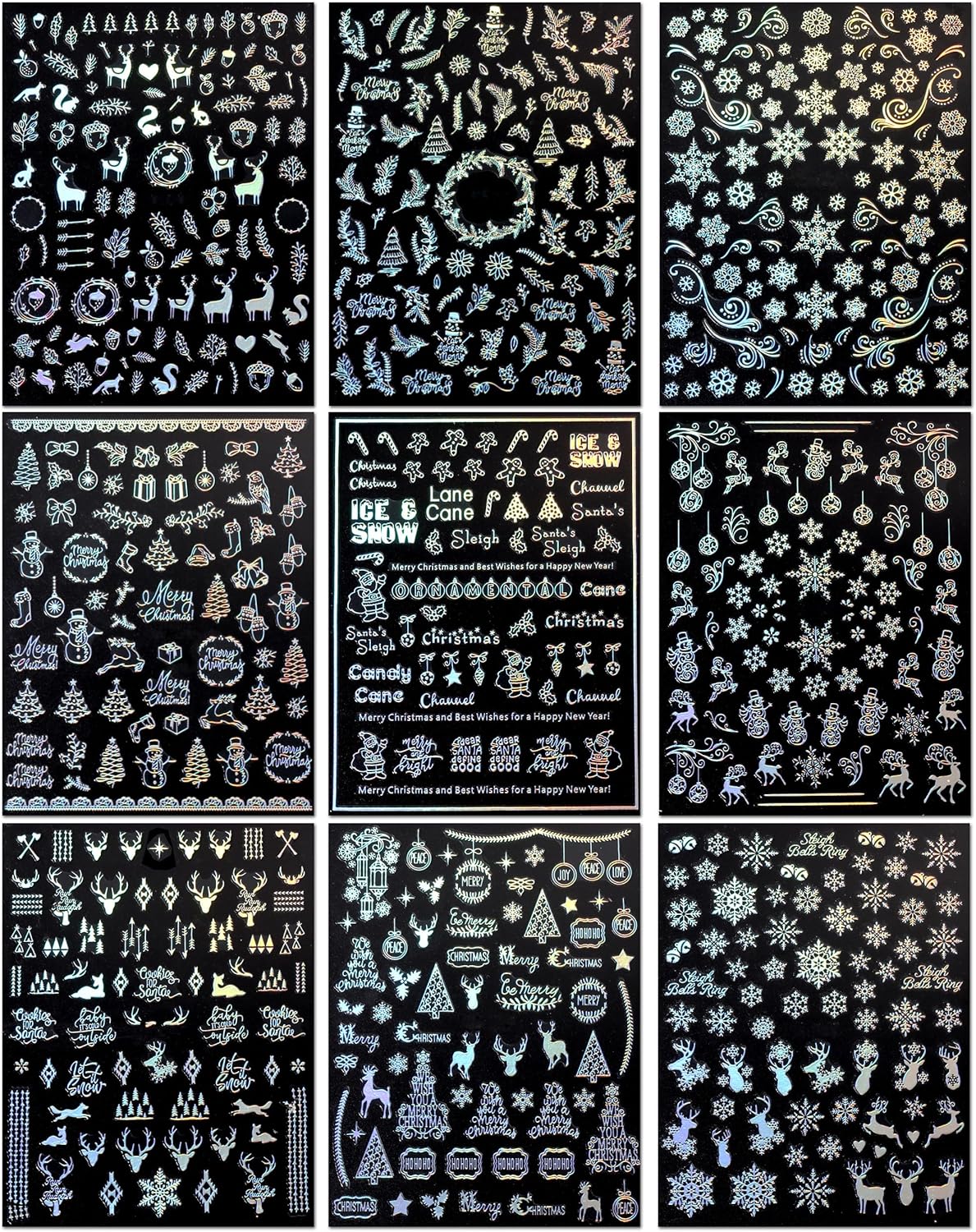 9 Sheets Aurora Christmas Nail Art Stickers Decals Self-Adhesive Pegatinas Uñas Glitter Rose Gold Snowflakes Winter Nail Supplies Nail Art Design Decoration Accessories